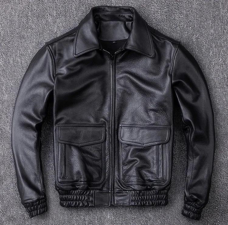 Genuine Men Black Motorcycle Flight Bomber Leather Cowhide Jacket Custom Made