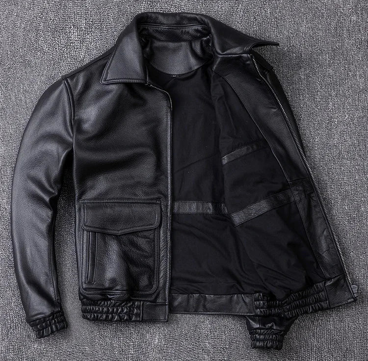 Genuine Men Black Motorcycle Flight Bomber Leather Cowhide Jacket Custom Made