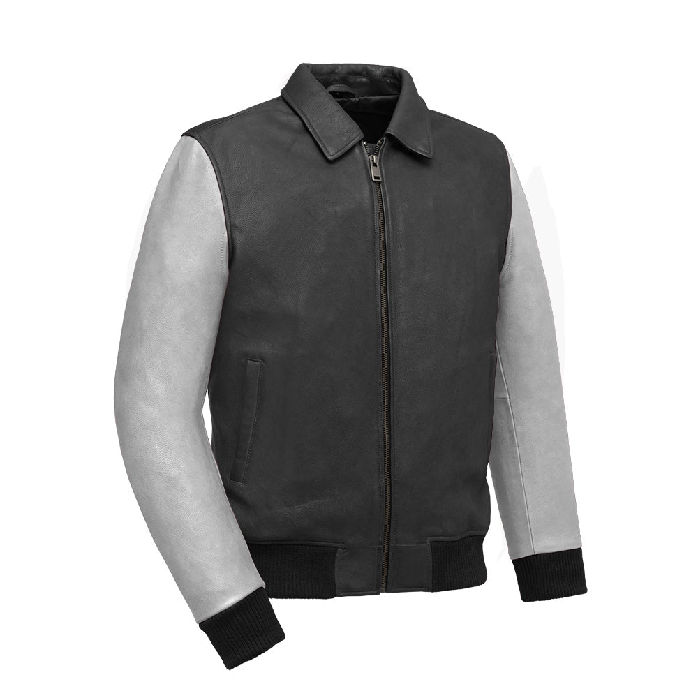 LEATHER BOMBER JACKET TWO TONE FOR MEN’S BLACK | GREY