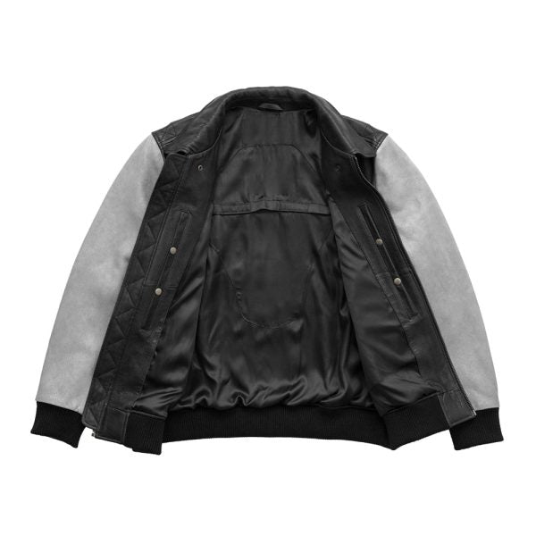 LEATHER BOMBER JACKET TWO TONE FOR MEN’S BLACK | GREY