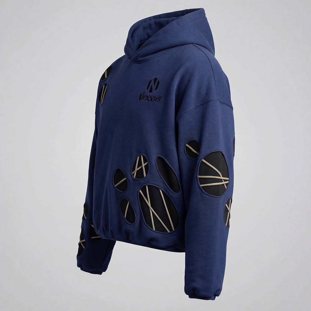 Nexxus Avant-Garde Multi-Cutout Custom Streetwear Hoodie (Premium Heavyweight Deep-Navy Drop-Shoulder Hardware Pullover)