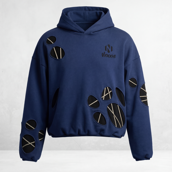 Nexxus Avant-Garde Multi-Cutout Custom Streetwear Hoodie (Premium Heavyweight Deep-Navy Drop-Shoulder Hardware Pullover)