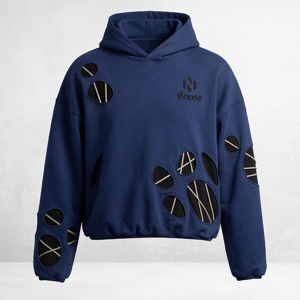 Nexxus Avant-Garde Multi-Cutout Custom Streetwear Hoodie (Premium Heavyweight Deep-Navy Drop-Shoulder Hardware Pullover)