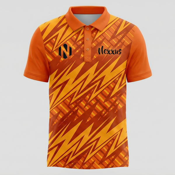 Nexxus Pyro-Zigzag Custom Soccer Jersey (Premium Sublimated Orange-Gold Geometric Match Polo / Jersey)