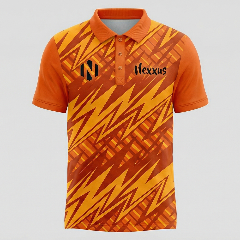 Nexxus Pyro-Zigzag Custom Soccer Jersey (Premium Sublimated Orange-Gold Geometric Match Polo / Jersey)