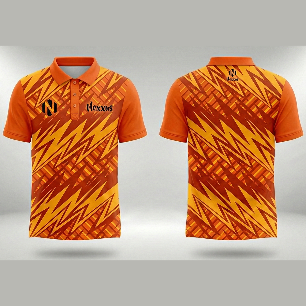 Nexxus Pyro-Zigzag Custom Soccer Jersey (Premium Sublimated Orange-Gold Geometric Match Polo / Jersey)