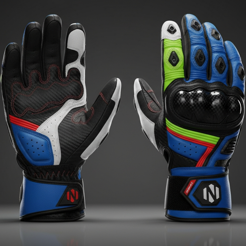 Nexxus Nitro-Grip Custom Premium Motorbike Gloves (Elite Multi-Color Black, Blue, White & Neon-Green High-Impact Racing Gauntlets)