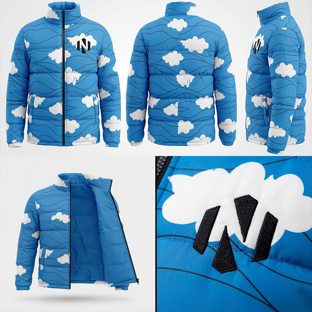Nexxus Stratos-Puff Custom Streetwear Puffer Jacket (Premium Sublimated Sky-Blue Cloud Gradient Insulated Outerwear)
