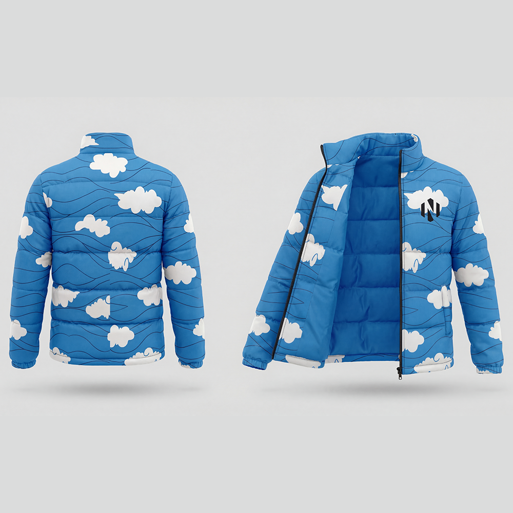 Nexxus Stratos-Puff Custom Streetwear Puffer Jacket (Premium Sublimated Sky-Blue Cloud Gradient Insulated Outerwear)