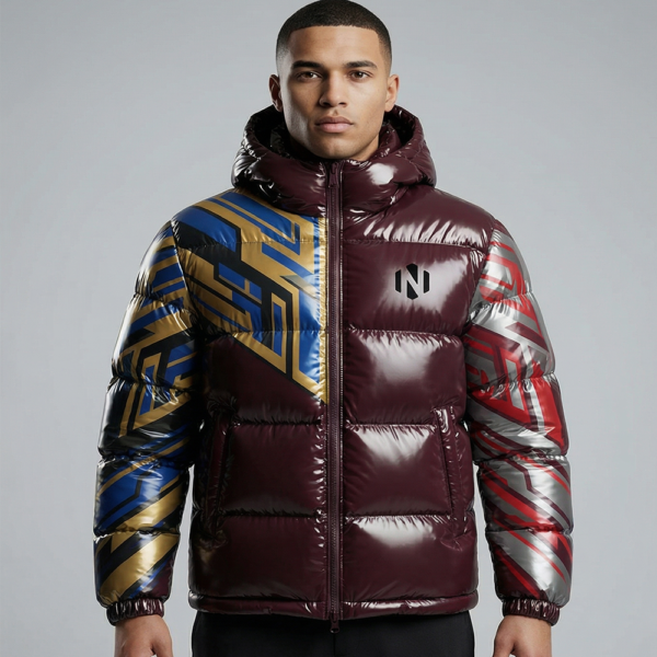 Nexxus Volcanic-Smoke Custom Men’s Streetwear Puffer Jacket (Premium Sublimated Crimson-Charcoal Gradient Insulated Outerwear)