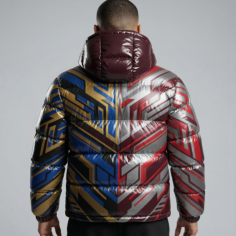 Nexxus Volcanic-Smoke Custom Men’s Streetwear Puffer Jacket (Premium Sublimated Crimson-Charcoal Gradient Insulated Outerwear)