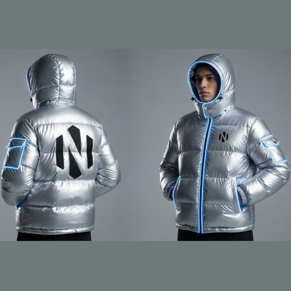 Nexxus Chrome-Pulse Custom Men’s Streetwear Puffer Jacket (Premium Silver Hyper-Reflective Insulated Outerwear with Electric Blue Lining)