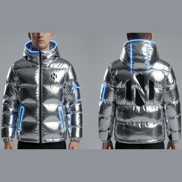 Nexxus Chrome-Pulse Custom Men’s Technical Puffer Jacket (Elite Silver Hyper-Reflective Insulated Outerwear with Electric Blue Lining)