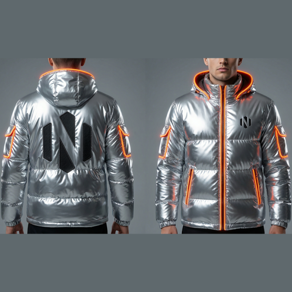 Nexxus Pyro-Pulse Custom Men’s Technical Puffer Jacket (Elite Silver Hyper-Reflective Insulated Outerwear with Neon Orange Lining)
