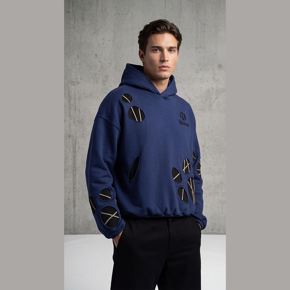 Nexxus Avant-Garde Multi-Cutout Custom Streetwear Hoodie (Premium Heavyweight Deep-Navy Drop-Shoulder Hardware Pullover)
