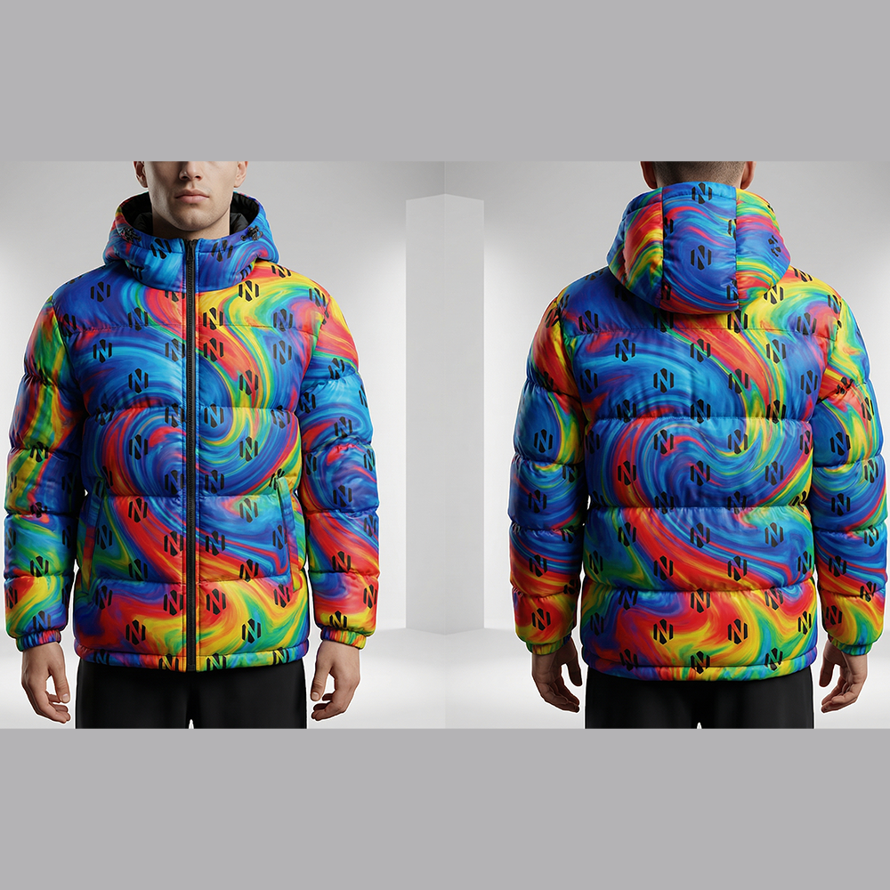 Nexxus Liquid-Monogram Custom Men’s Streetwear Puffer Jacket (Premium Multi-Color Liquid Marble Sublimated Insulated Outerwear)