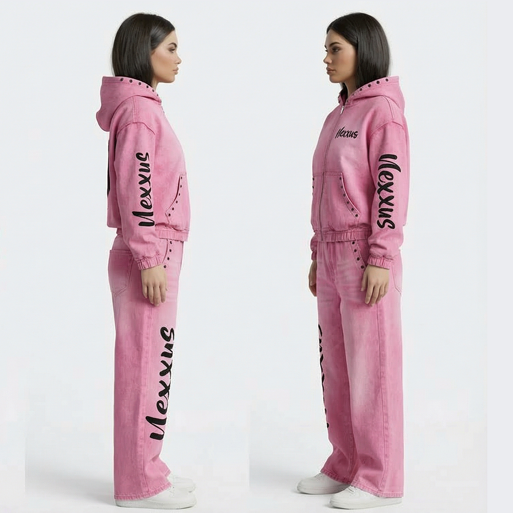 Nexxus Midnight-Bling Custom Ladies Sweatsuit (Premium Heavyweight Baby-Pink Acid-Washed Jet-Black Rhinestone Pullover Hoodie & Jogger Set)