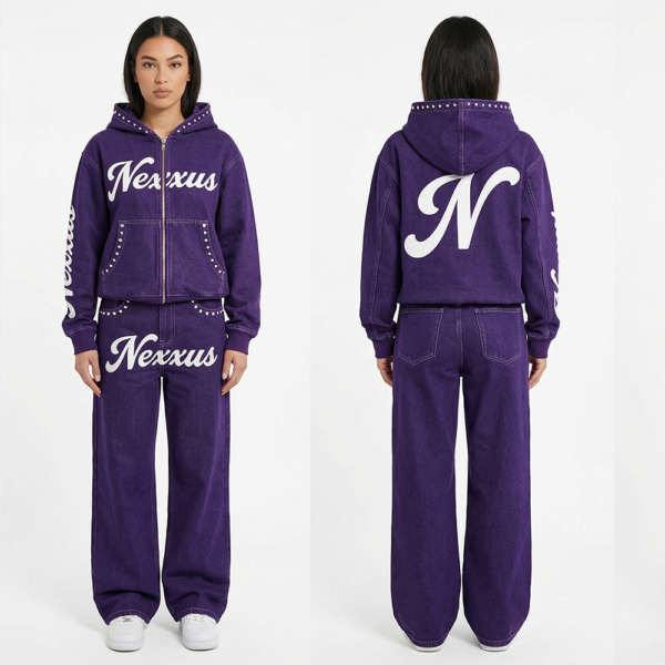 Nexxus Amethyst-Bling Custom Ladies Sweatsuit (Premium Heavyweight Dark-Purple Acid-Washed Rhinestone Pullover Hoodie & Jogger Set)