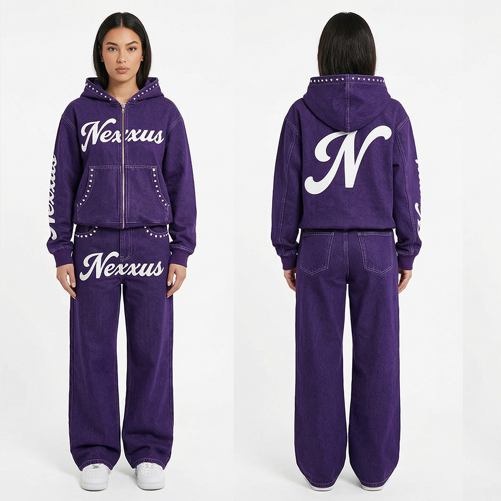 Nexxus Amethyst-Bling Custom Ladies Sweatsuit (Premium Heavyweight Dark-Purple Acid-Washed Rhinestone Pullover Hoodie & Jogger Set)