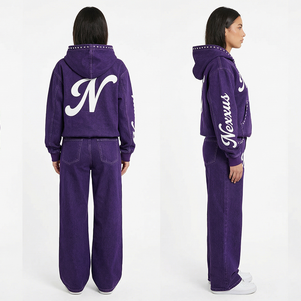 Nexxus Amethyst-Bling Custom Ladies Sweatsuit (Premium Heavyweight Dark-Purple Acid-Washed Rhinestone Pullover Hoodie & Jogger Set)