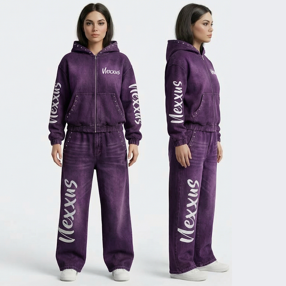 Nexxus Amethyst-Stealth Custom Ladies Sweatsuit (Premium Heavyweight Purple Acid-Washed Jet-Black Rhinestone Pullover Hoodie & Jogger Set)