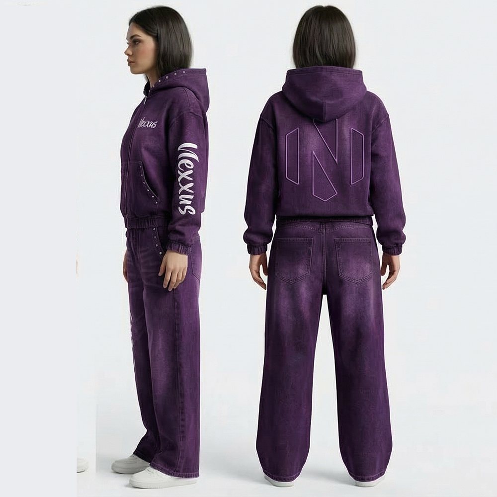Nexxus Amethyst-Stealth Custom Ladies Sweatsuit (Premium Heavyweight Purple Acid-Washed Jet-Black Rhinestone Pullover Hoodie & Jogger Set)