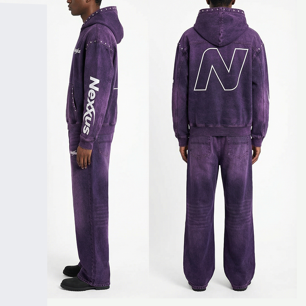 Nexxus Obsidian-Plum Custom Men’s Sweatsuit (Premium Heavyweight Purple Acid-Washed Jet-Black Rhinestone Oversized Hoodie & Jogger Set)