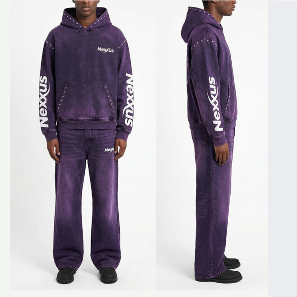 Nexxus Obsidian-Plum Custom Men’s Sweatsuit (Premium Heavyweight Purple Acid-Washed Jet-Black Rhinestone Oversized Hoodie & Jogger Set)