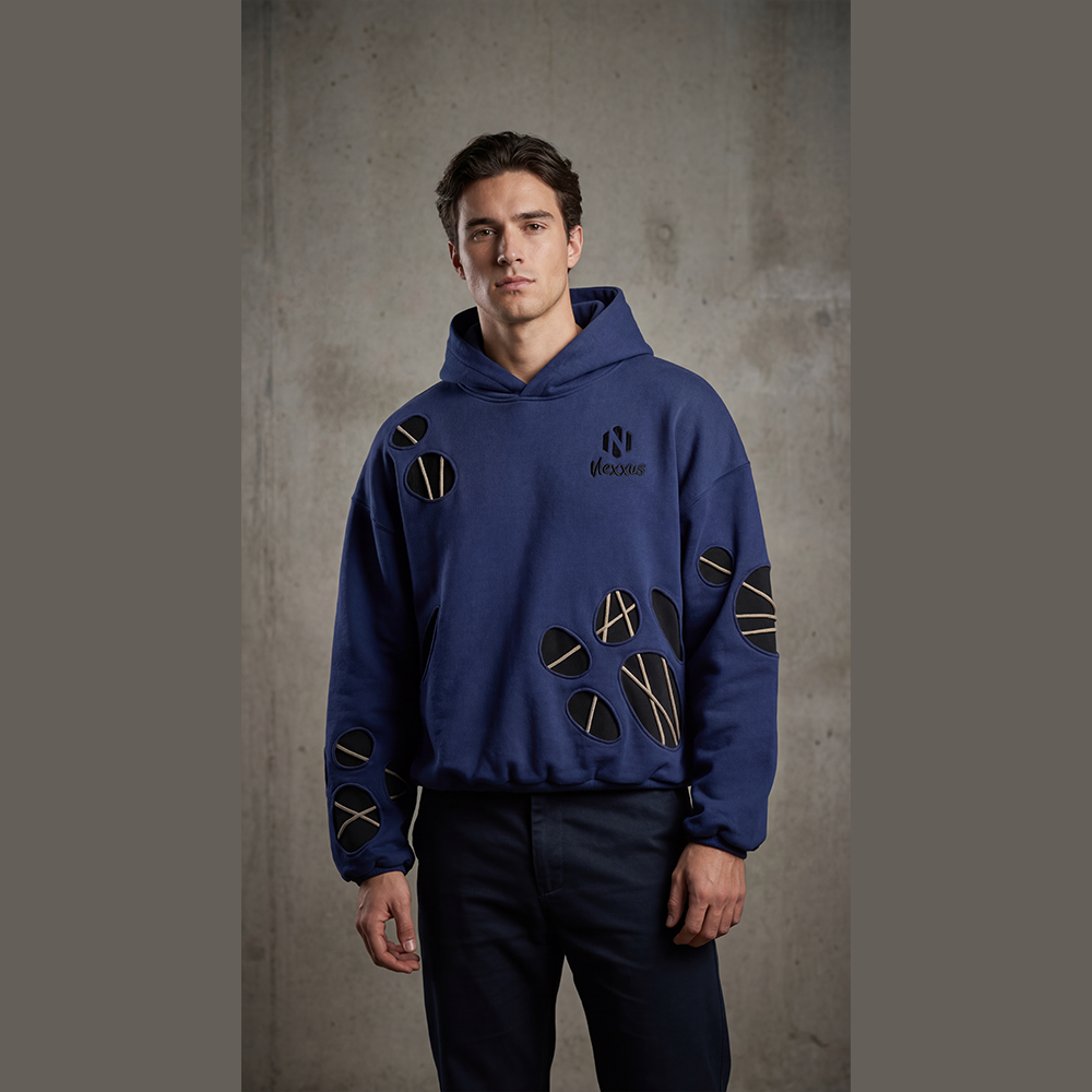 Nexxus Avant-Garde Multi-Cutout Custom Streetwear Hoodie (Premium Heavyweight Deep-Navy Drop-Shoulder Hardware Pullover)