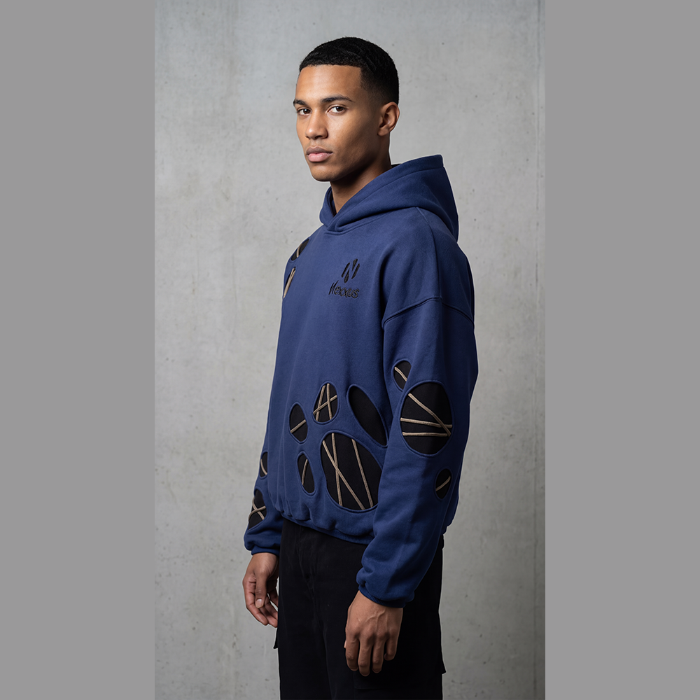 Nexxus Avant-Garde Multi-Cutout Custom Streetwear Hoodie (Premium Heavyweight Deep-Navy Drop-Shoulder Hardware Pullover)