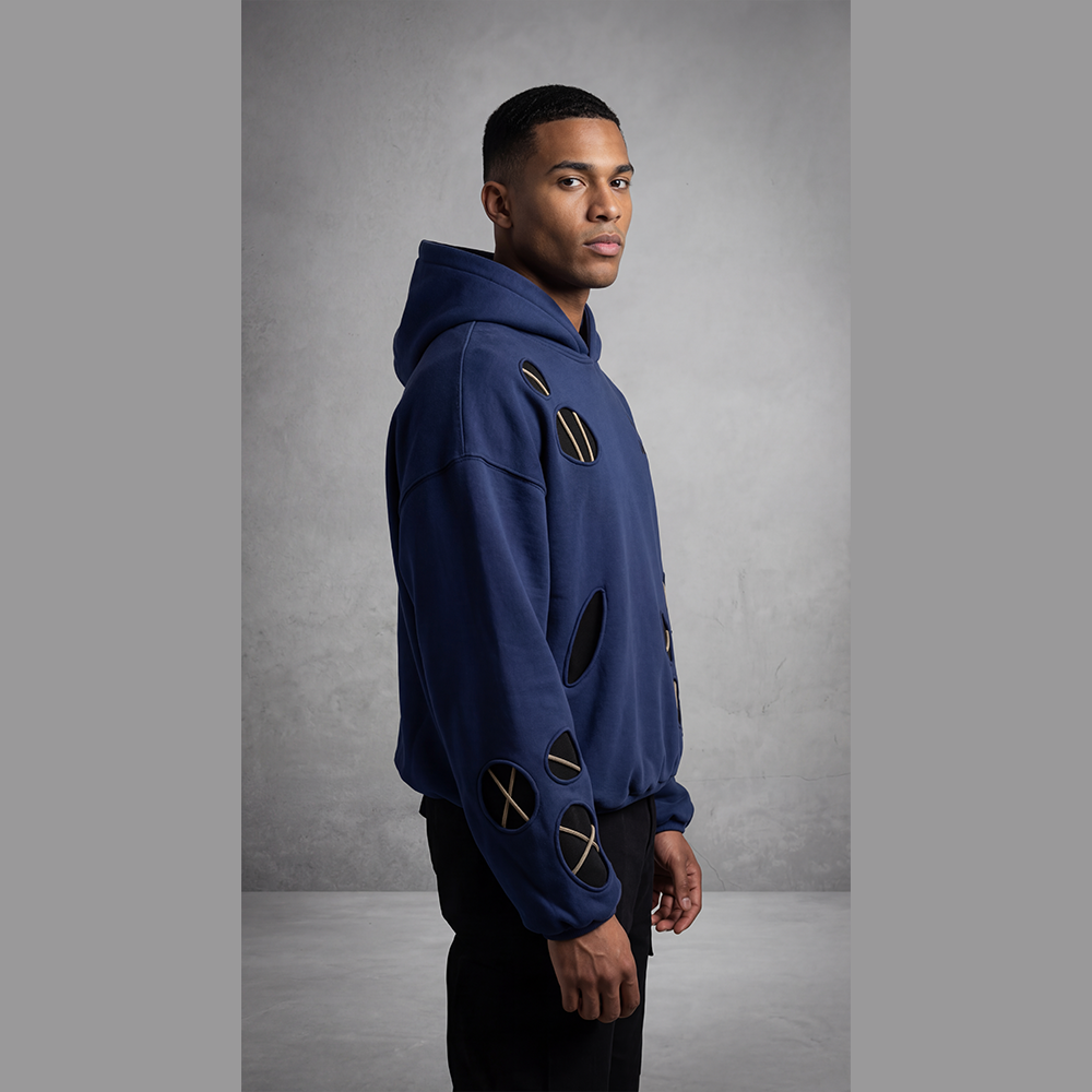 Nexxus Avant-Garde Multi-Cutout Custom Streetwear Hoodie (Premium Heavyweight Deep-Navy Drop-Shoulder Hardware Pullover)