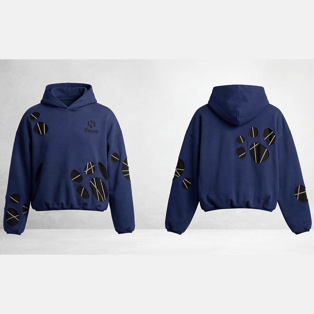 Nexxus Avant-Garde Multi-Cutout Custom Streetwear Hoodie (Premium Heavyweight Deep-Navy Drop-Shoulder Hardware Pullover)