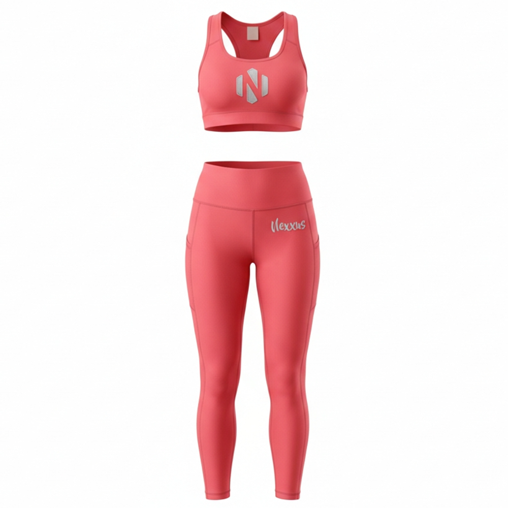 Nexxus Amber-Pulse Custom Ladies Gym Wear Set (Premium Hot Peach & Sunset Coral Gradient High-Waisted Squat-Proof Leggings & Sports Bra Set)