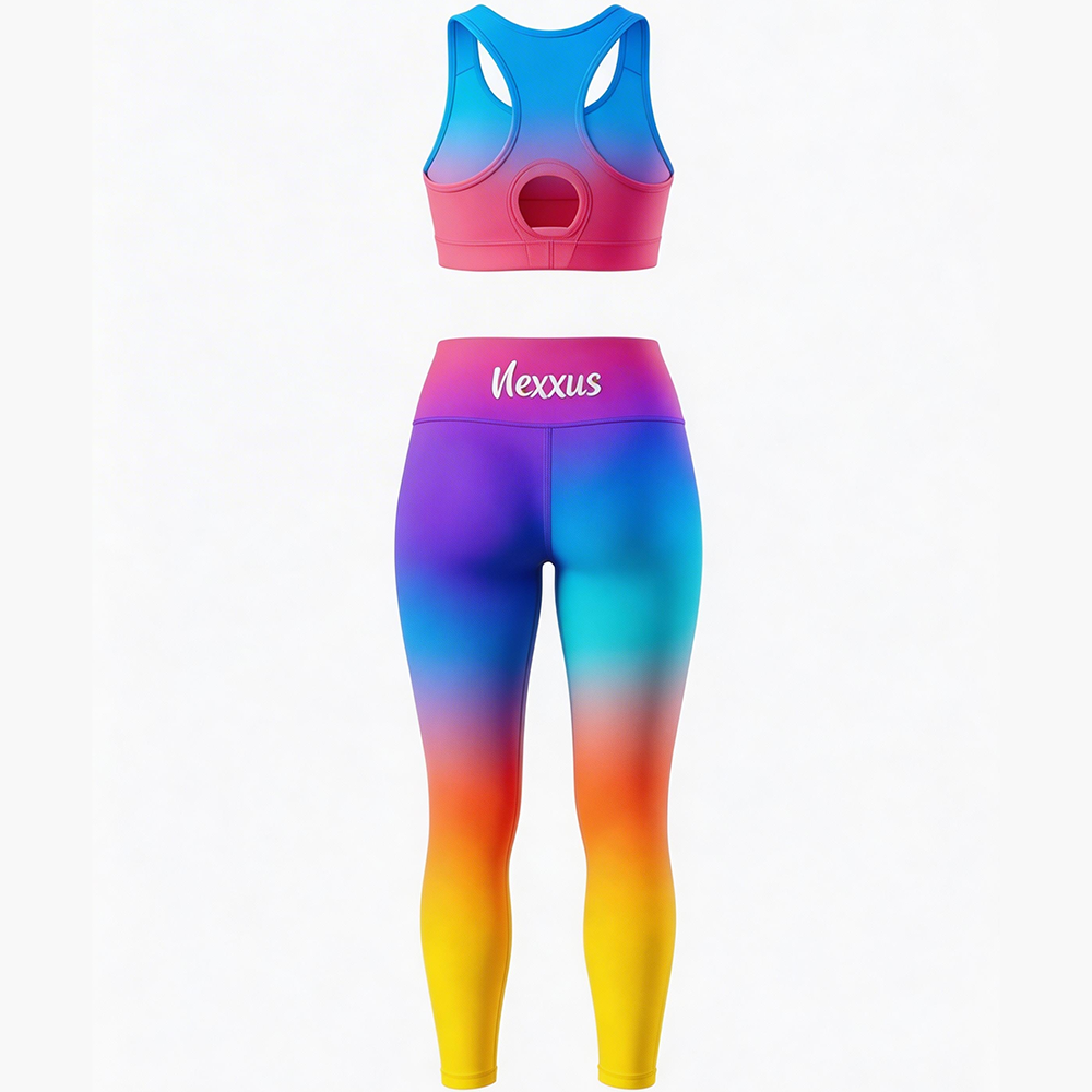 Nexxus Prism-Pulse Custom Ladies Gym Wear Set (Premium Multi-Rainbow Gradient High-Waisted Squat-Proof Leggings & Sports Bra Fitness Set)