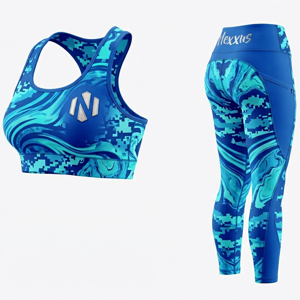 Nexxus Aqua-Marble Custom Ladies Stylish Gym Wear Set (Premium Turquoise Liquid-Marble High-Waisted Squat-Proof Leggings & Sports Bra Set)