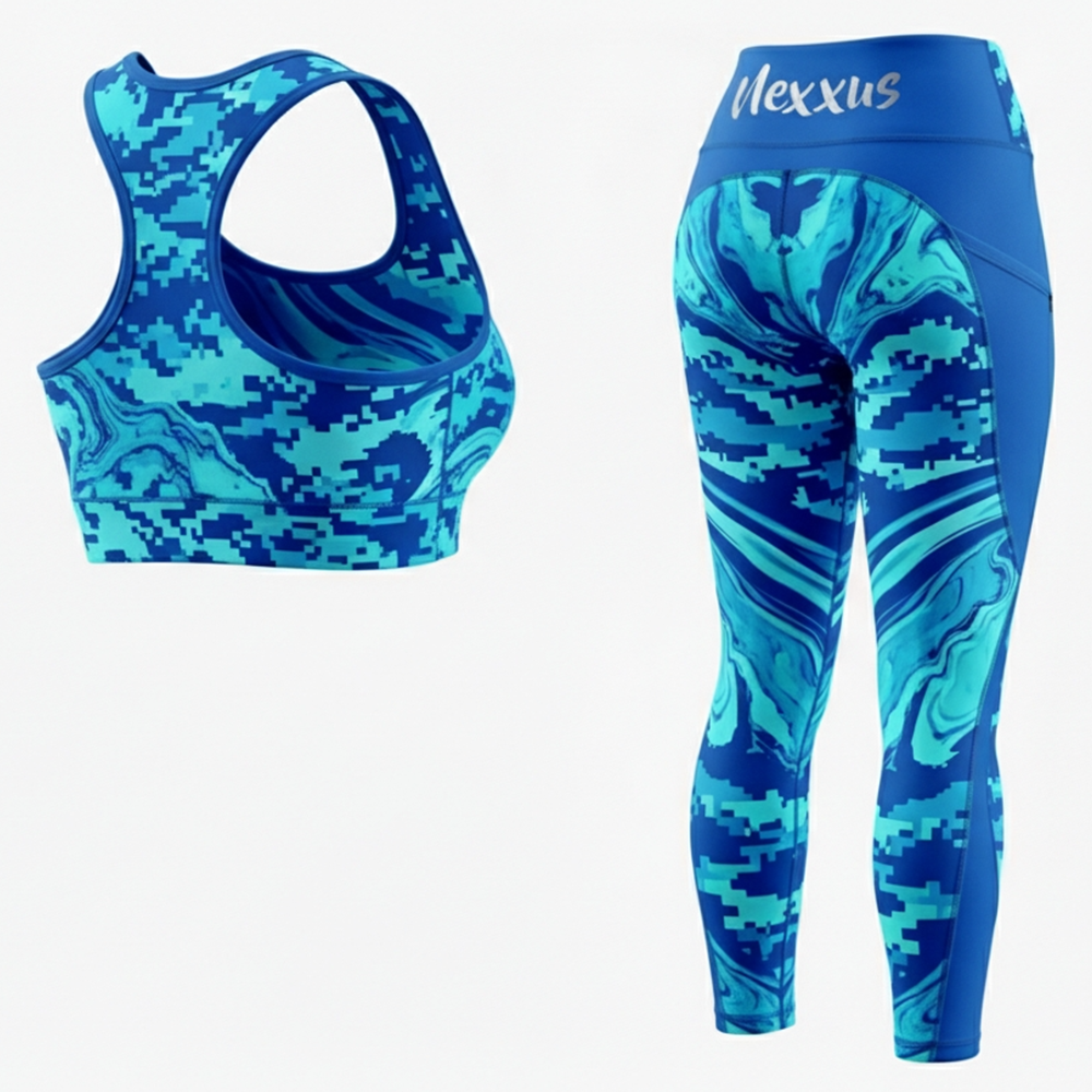Nexxus Aqua-Marble Custom Ladies Stylish Gym Wear Set (Premium Turquoise Liquid-Marble High-Waisted Squat-Proof Leggings & Sports Bra Set)