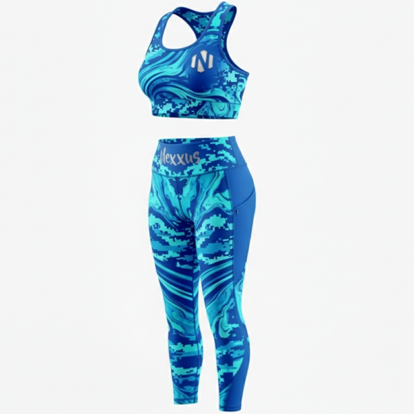 Nexxus Aqua-Marble Custom Ladies Stylish Gym Wear Set (Premium Turquoise Liquid-Marble High-Waisted Squat-Proof Leggings & Sports Bra Set)