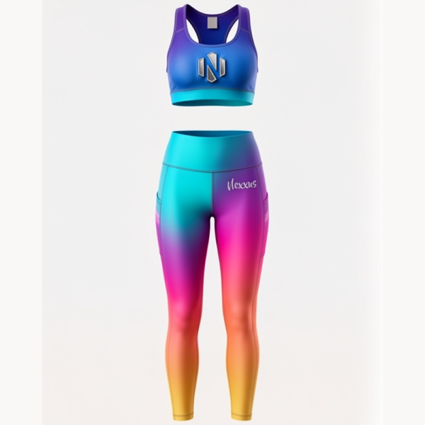 Nexxus Prism-Pulse V2 Custom Ladies Gym Wear Set (Premium Multi-Rainbow Gradient High-Waisted Squat-Proof Leggings & Sports Bra Fitness Set)