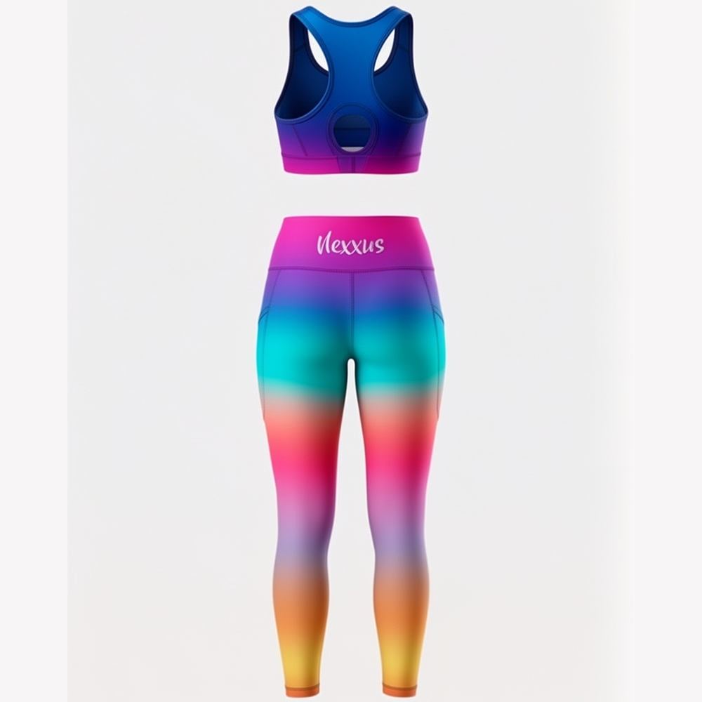 Nexxus Prism-Pulse V2 Custom Ladies Gym Wear Set (Premium Multi-Rainbow Gradient High-Waisted Squat-Proof Leggings & Sports Bra Fitness Set)