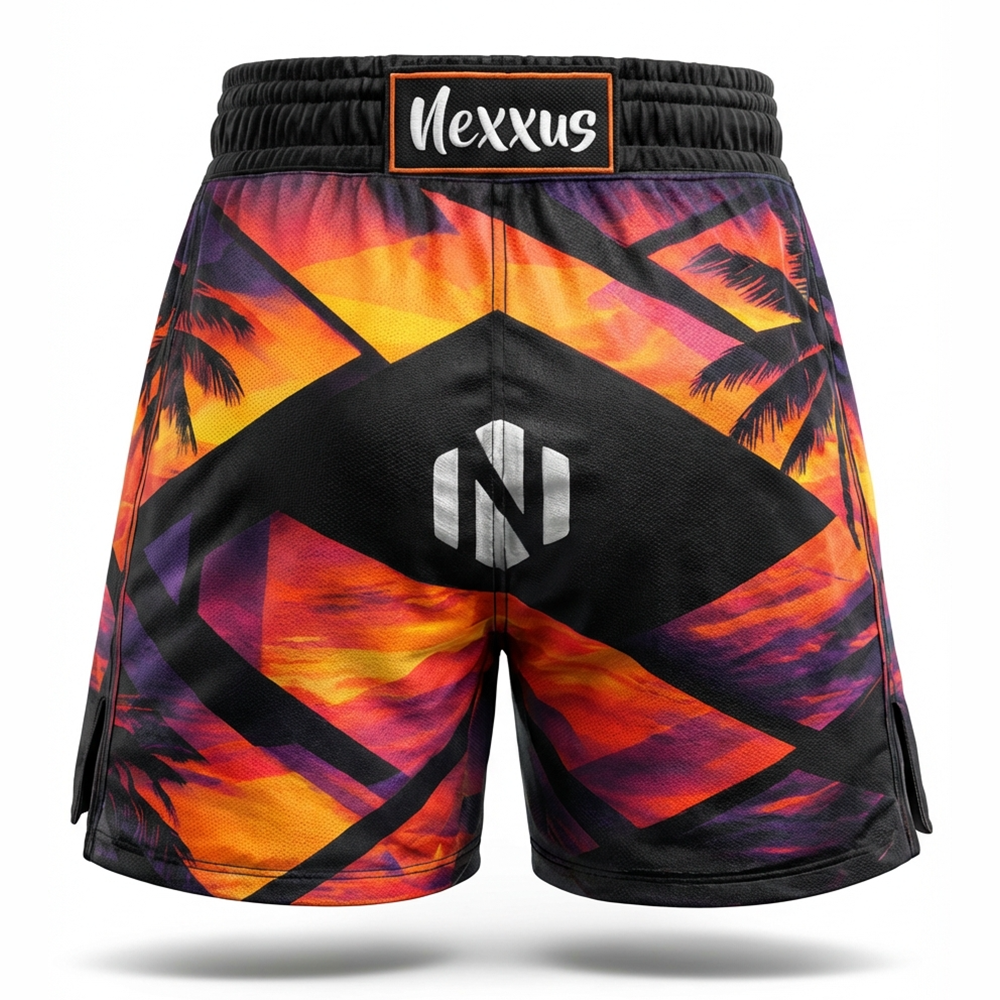 Nexxus Golden-Sunset Custom Men’s Premium MMA Fight Shorts (Elite Tropical Bamboo-Silhouette High-Tensile Grappling & Kickboxing Training Shorts)