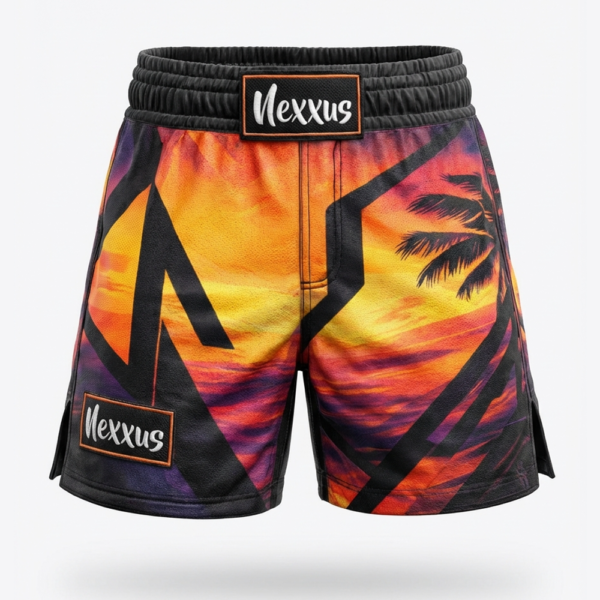 Nexxus Golden-Sunset Custom Men’s Premium MMA Fight Shorts (Elite Tropical Bamboo-Silhouette High-Tensile Grappling & Kickboxing Training Shorts)