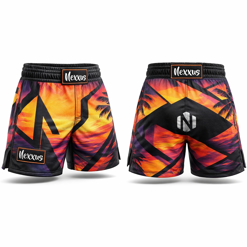 Nexxus Golden-Sunset Custom Men’s Premium MMA Fight Shorts (Elite Tropical Bamboo-Silhouette High-Tensile Grappling & Kickboxing Training Shorts)