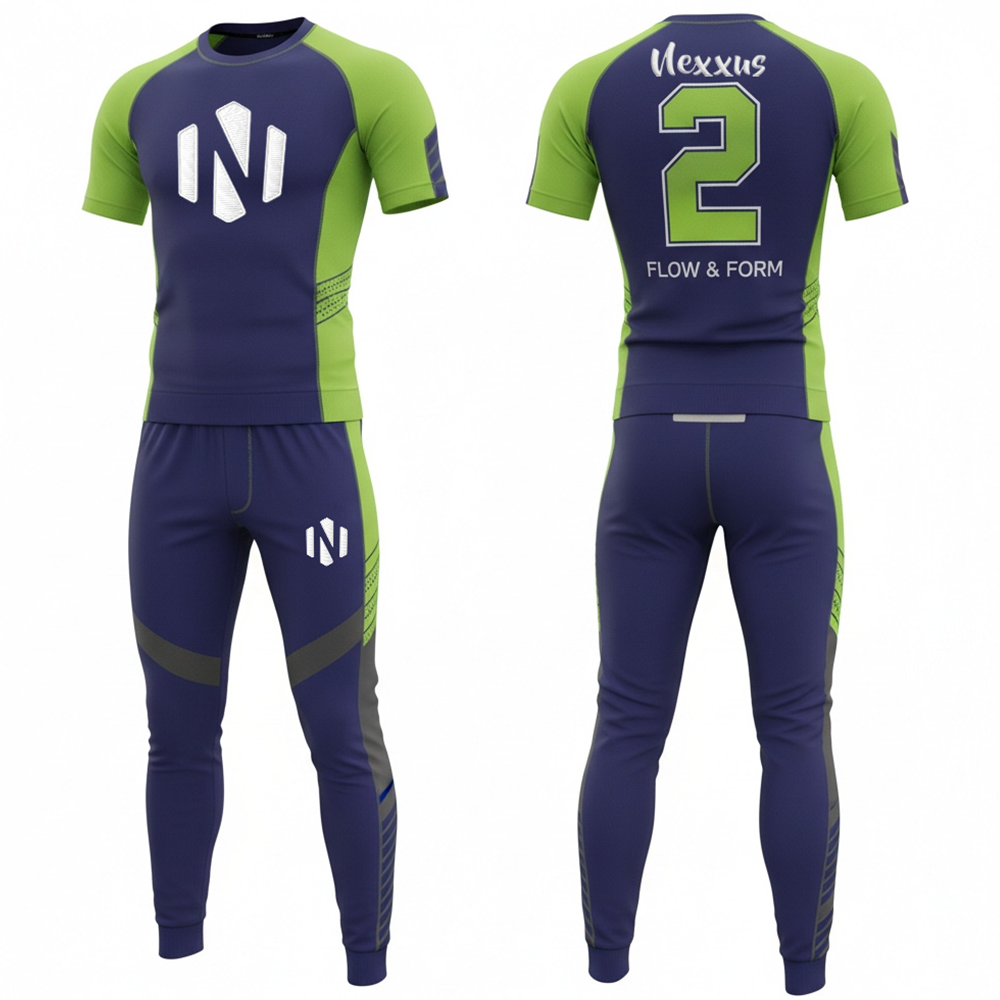 Nexxus Aero-Pulse Custom Men’s Premium Gym Wear Set (Elite Navy Blue & Neon Green High-Performance Compression Top & Training Tights Set)