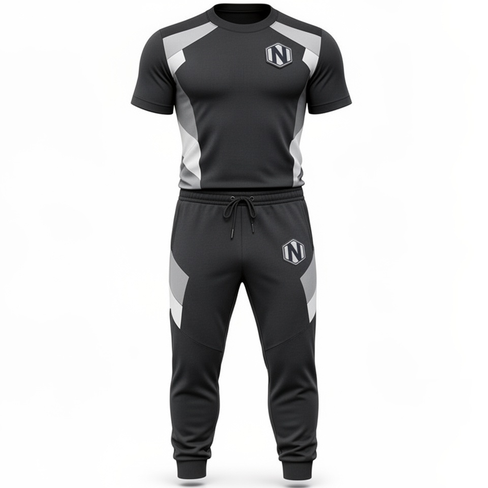 Nexxus Apex-Pulse Custom Men’s Premium Gym Wear Set (Elite Tri-Tone Black, White & Gray High-Performance Compression Top & Training Tights Set)