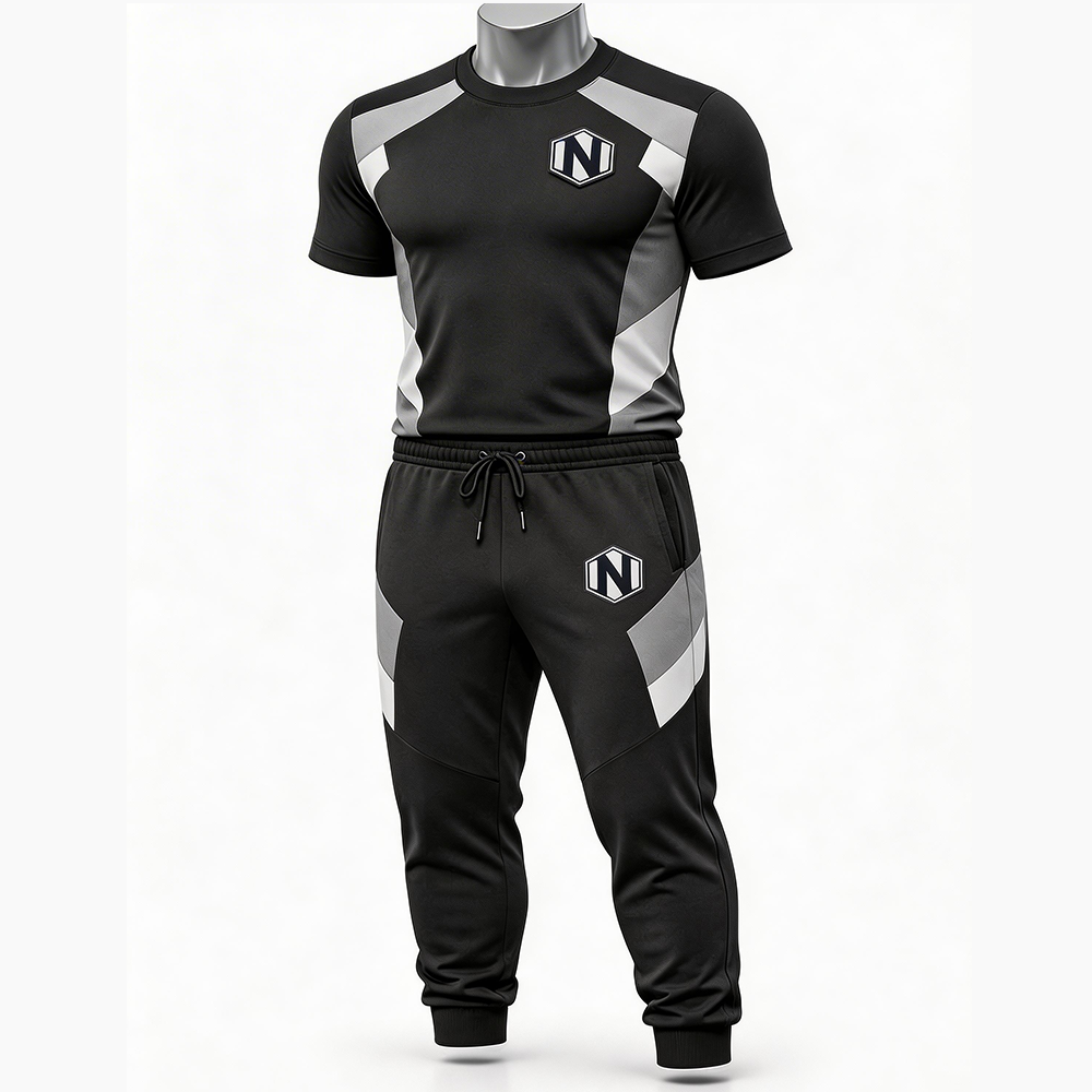 Nexxus Apex-Pulse Custom Men’s Premium Gym Wear Set (Elite Tri-Tone Black, White & Gray High-Performance Compression Top & Training Tights Set)