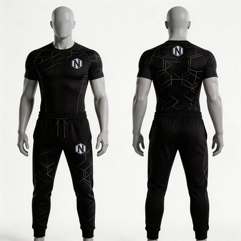 Nexxus Stealth-Pulse Custom Men’s Premium Gym Wear Set (Elite Minimalist Matte Black Performance Compression Top & Training Tights Set)